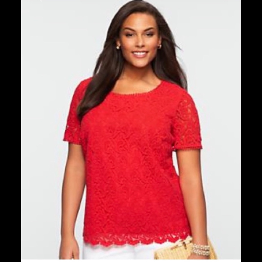TALBOTS Red Lace Crochet Eyelet Blouse Top Shirt Short Sleeve Scoop Neck Plus